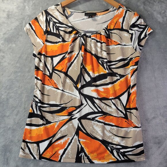 Worthington Womens Petite L Abstract Print Short Sleeve Blouse Orange Beige Blac - Picture 1 of 8